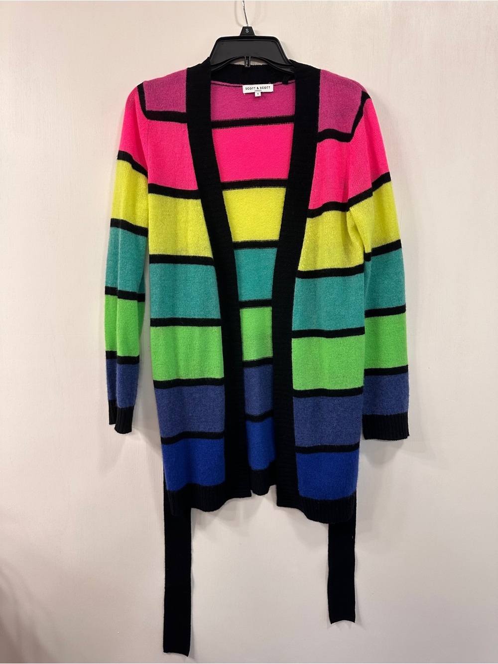 Scott & Scott 100% Cashmere Cardigan Womens Small Tie Front Rainbow Stripe Long